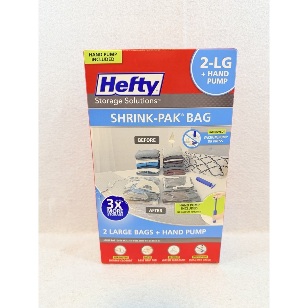 Lot of 2 Hefty Vacuum Seal Shrink‎ Pak, Each Contains 2 Large Bags and Hand Pump